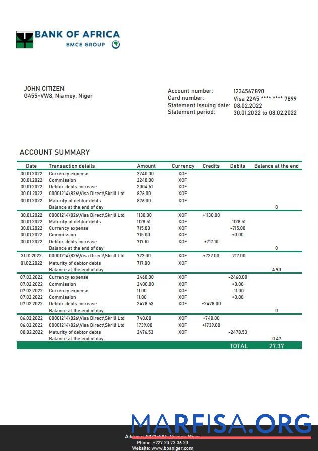 Printable Niger Bank of Africa bank statement word download for verification
